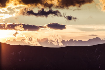 Sunset dolomites profile from Mount Pizzoc summit, Veneto, Italy