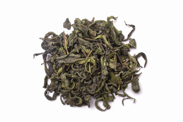 Green tea isolated on white background, top view