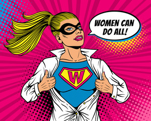 Pop art superhero. Young sexy woman dressed in mask and white jacket shows superhero t-shirt with W sign on chest and Women can do all speech bubble. Vector illustration in retro pop art comic style. - 174545664