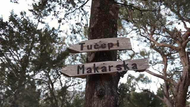 Pointer to the city of Makarska in the pine park