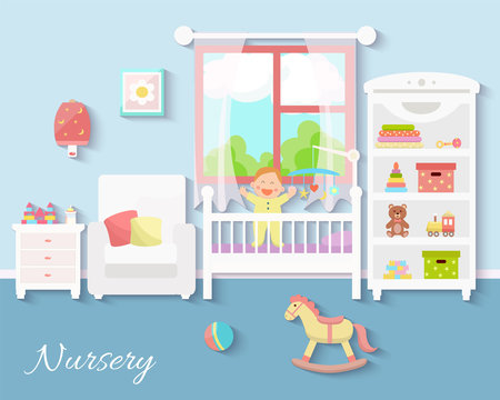 Flat design. Baby room with a  shelf,  toys, cot, bedside  table, armchair  and rug. Children's room.