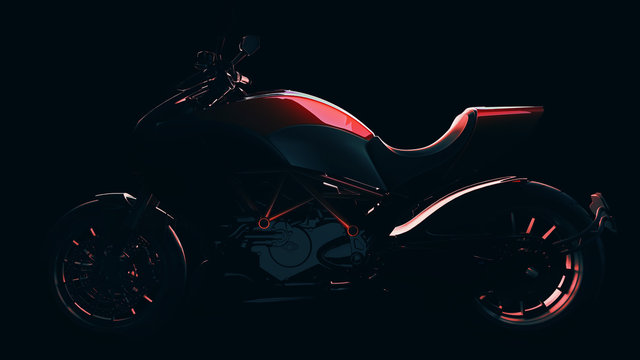 Fototapeta Red motorcycle with black backdrop. 3d rendering and illustration.