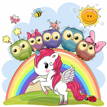Fototapeta Cartoon Unicorn and Five Cute Owls