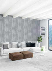 White bedroom or livingroom minimal style interior design with stylish wall and sofa. 3D Rendering. Conept of show room