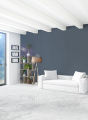 White bedroom or livingroom minimal style interior design with stylish wall and sofa. 3D Rendering. Conept of show room