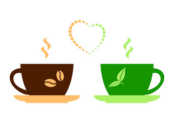 Brown cup of coffee and green cup of tea, and heart. Vector illustration