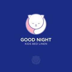 Bedding and bed linen‎ logo. Good night logo. White kitten in a circle.