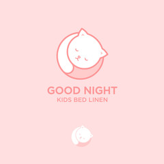 Bedding and bed linen‎ logo. Good night logo. White kitten in a circle.