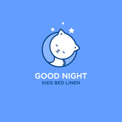 Bedding and bed linen‎ logo. Good night logo. White kitten in a circle with stars.