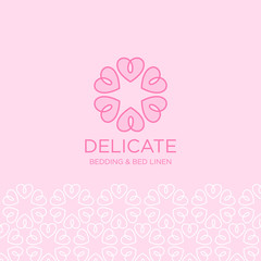Bedding and bed linen‎ logo. Abstract pink flower of hearts as ornament.