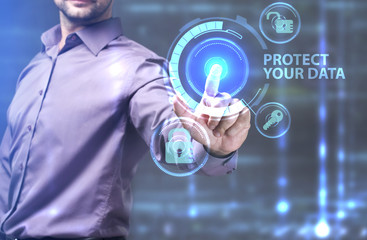 The concept of business, technology, the Internet and the network. A young entrepreneur working on a virtual screen of the future and sees the inscription: Protect your data
