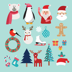 Christmas set with Santa Claus, snowman, reindeer, penguin