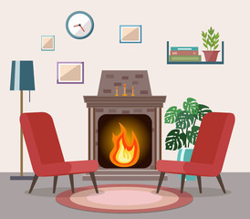 Cozy living room interior with furniture and fireplace. Flat design.