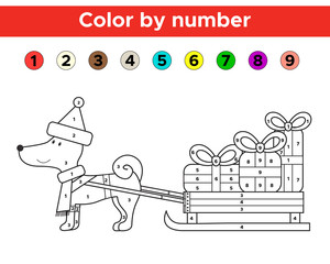 Color by number for preschool and school kids. Christmas coloring page with funny cartoon dog. Vector illustration.