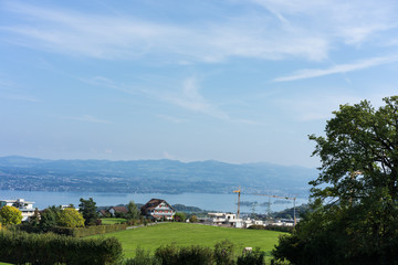 Fototapeta na wymiar landscape of lake zurich in summer from hiking trail switzerland tourism travel destination nature blue sky