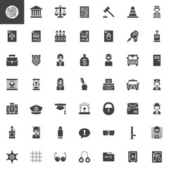 Law and justice vector icons set, modern solid symbol collection, filled pictogram pack. Signs, logo illustration. Set includes icons as fingerprint, courthouse, prison, policeman, judge