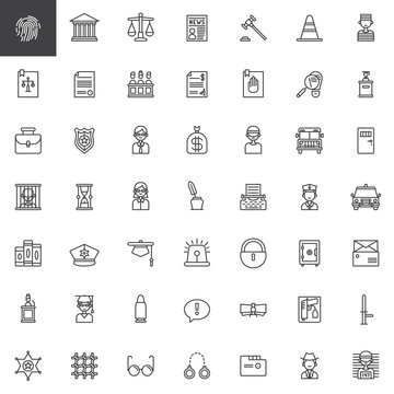 Law and justice line icons set, outline vector symbol collection, linear style pictogram pack. Signs, logo illustration. Set includes icons as fingerprint, courthouse, prison, policeman, judge
