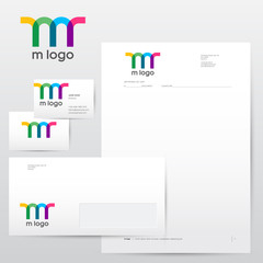 M letter. M logo identity. Colorful transparent logo. Identity, letterhead, envelopes, business cards.