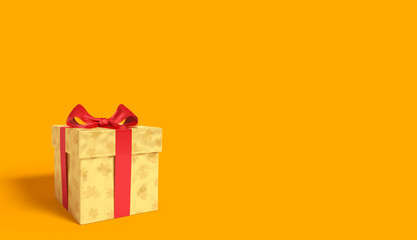 Golden gift box with shiny reflection maple leaves and red glossy ribbon and bow on yellow...