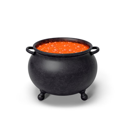 Cauldron with orange magic boiling charmful bubble potion or fairy witching toxic poison soup. Object for Halloween, horror or fantastic themes