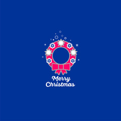 Fototapeta premium Merry Christmas icon. Christmas wreath. Red Christmas wreath and snowflakes in the blue background.