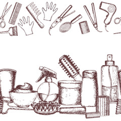 Set of colorful sketch equipments for styling and hair care. Products and tools for home remedies of hair care. Vector
