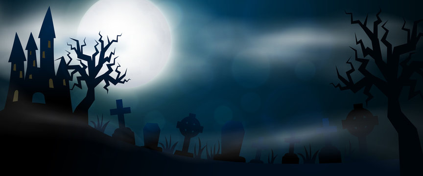 Night cemetery, crosses, tombstones and graves horizontal banner. Colorful scary Halloween illustration. Vector