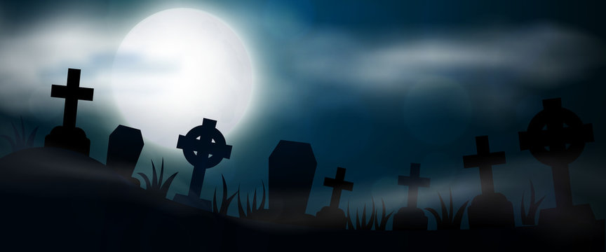 Night cemetery, crosses, tombstones and graves, horizontal banner. Colorful scary Halloween illustration. Vector