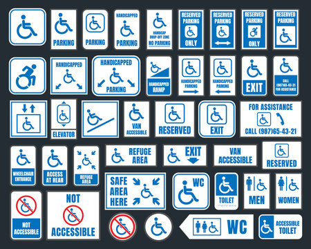 handicap signs, wc and parking icons, disabled people