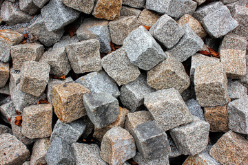 Gray gravel close up photo for background. Sharp stones in pile for construction. Road or building construction supply. Gray rocks bunch for wallpaper or banner template. Natural texture picture.