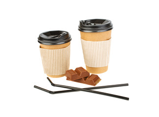 two cups of coffee and chocolate on a white background