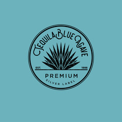 Tequila logo. Silver tequila label. Blue agave premium tequila. Agave in a circle on a blue background  