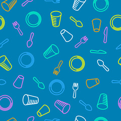 Seamless pattern. Disposable tableware pattern. Colorful plates, glasses and cutlery on a blue background.