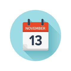 November 13. Vector flat daily calendar icon. Date and time, day, month 2018. Holiday. Season.