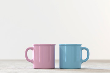 two pastel color mug in a living room, 3D render