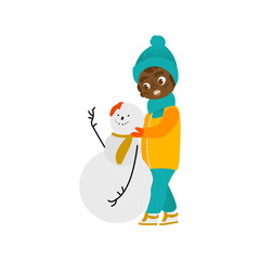 vector boy makes snowman smiling. Flat cartoon isolated illustration on a white background. Happy kid having fun playing with snow outdoors. Winter children activity concept