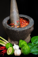 Chili paste in Thai food Cooking ingredients and Paste of thai popular food red curry and green curry.
