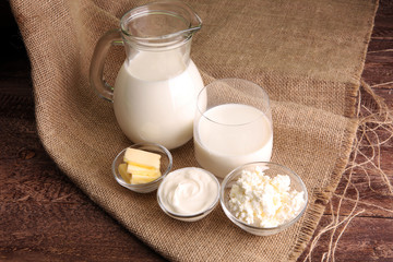 milk products. tasty healthy dairy products on a table