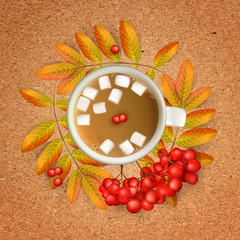 Cup of coffee with marshmallow with realistic 3d mesh rowan branches with ashberry on a crafting paper. Vector illustration