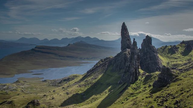 Time lapse of the beautiful and unique old man of storr rock in isle of skye, scotland on sunny day