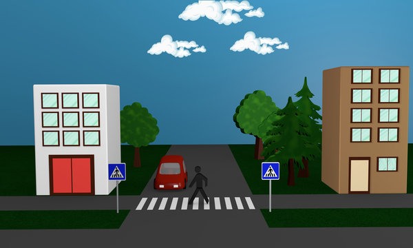 Straßenbild mit einem Fußgänger der eine Straße überquert