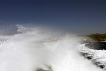 Waves by the motor boat