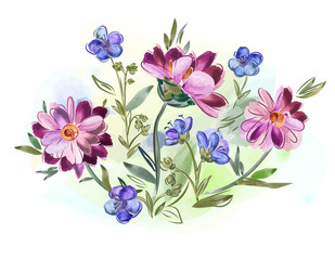 Watercolor flowers violets and pansy and leaves on meadow