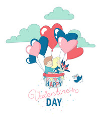 Happy Valentine's Day party greeting card invitation funny boy and girl characters couple in love flying with hot air heart balloons. Line flat design kid's style. Vector illustration.