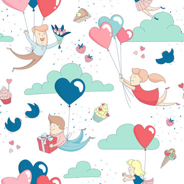 Cute funny boy and girl characters flying by heart shape balloons seamless pattern for Happy Valentine's Day with flowers, presents, sweets and clouds. Flat line design. Vector illustration.