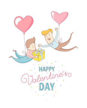 Funny cute gey men characters flying by heart balloons to congratulate each other with Happy Valentine's Day. Flat line design style. Vector illustration.