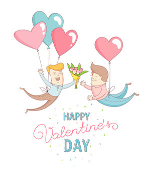 Funny cute gey men characters flying by heart balloons to congratulate each other with Happy Valentine's Day. Flat line design style. Vector illustration.