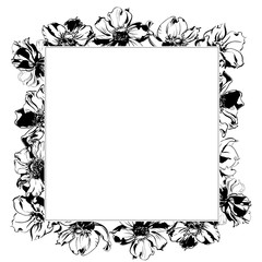 Hand drawing watercolor black anemone flowers and leaves ornament frame