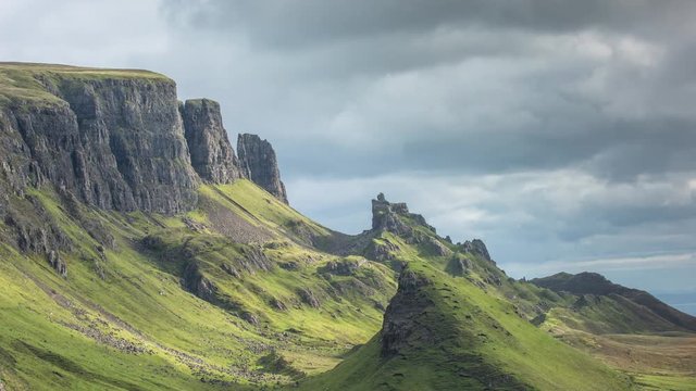 Time lapse of the beautiful quiraing range of mountains in isle of skye, scotland on sunny day