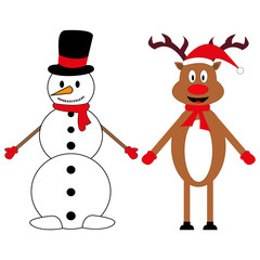 Snowman and Christmas reindeer on a white background